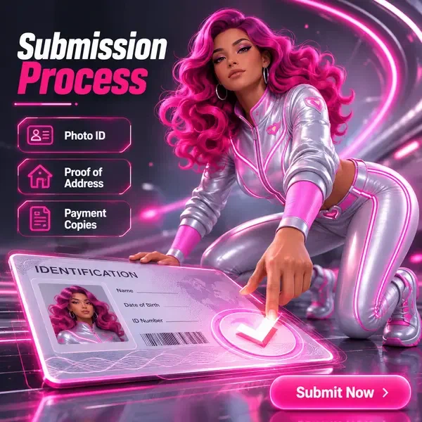 Card Pilot che sorvola una carta d'identità luminosa mentre il giocatore completa la verifica dell'identità presso Requisiti Documentali