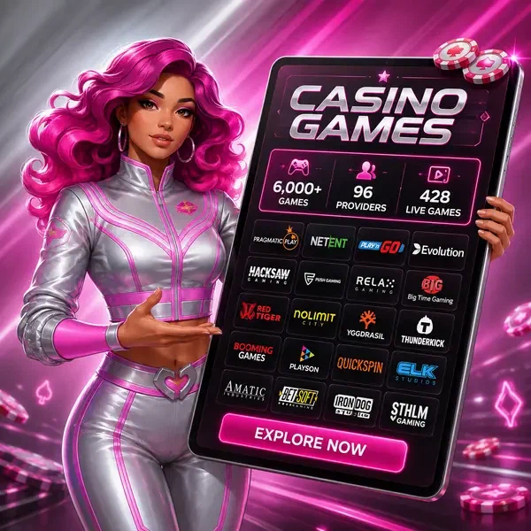 Personaggio che mostra oltre 6.000 giochi da casino su Spinwinera con tablet che visualizza loghi dei provider