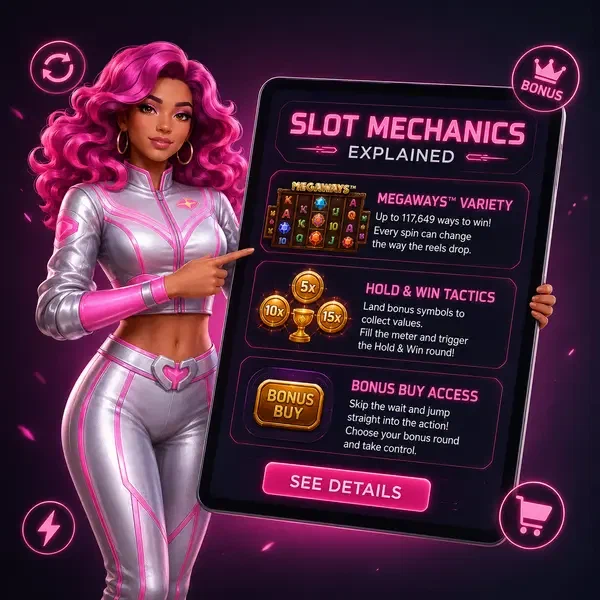Card Pilot che spiega le meccaniche delle slot su tablet alla Scomposizione delle meccaniche di formato di gioco: sistemi Megaways, Hold & Win e Bonus Buy