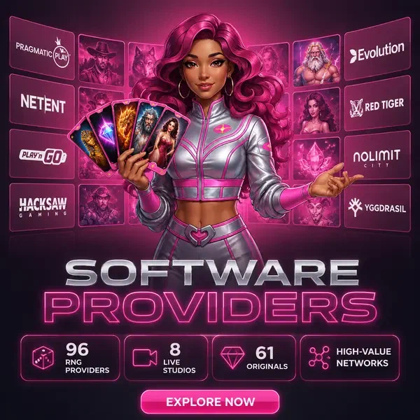 Card Pilot curatore che presenta i provider software su Spinwinera con display di tile di gioco a ventaglio
